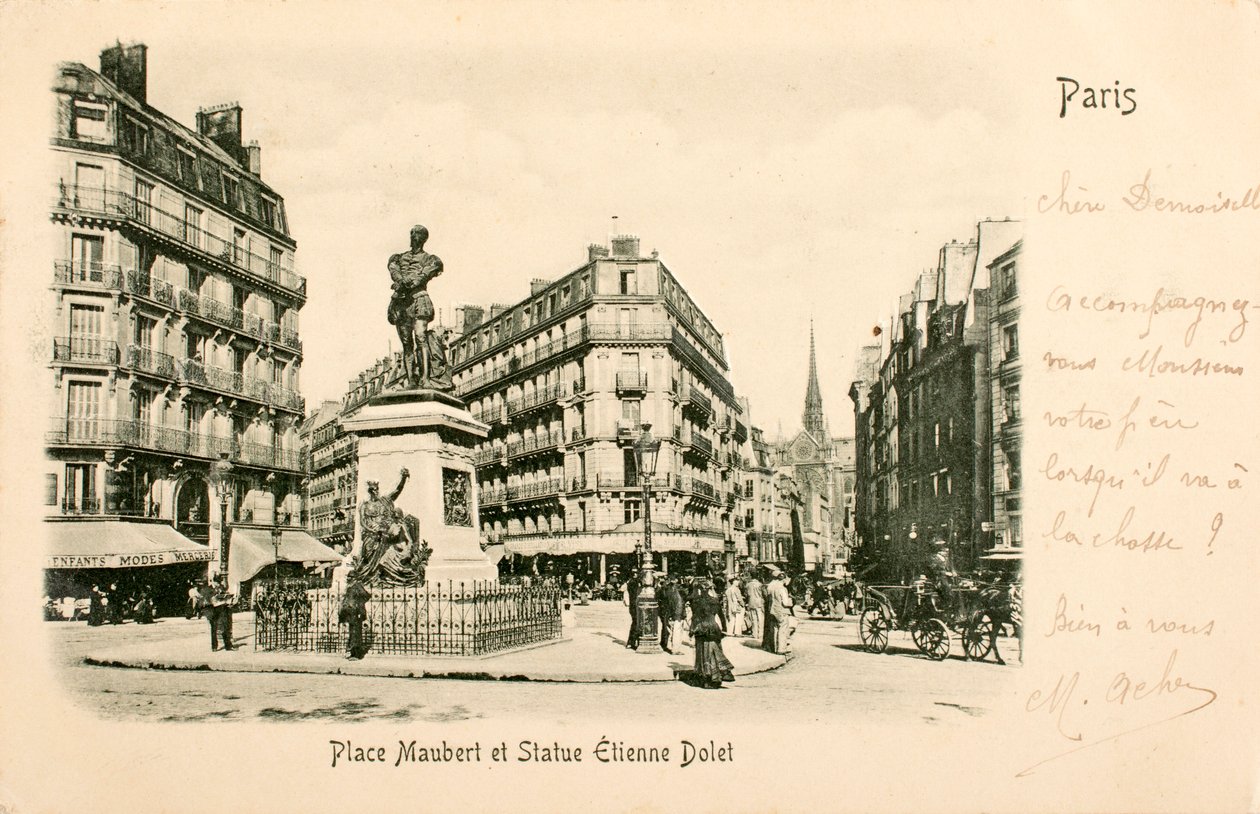 Pohlednice/Place Maubert/Socha Etienne Dolet/Paříž/Seine/Ile de France/Francie od William M. Timlin