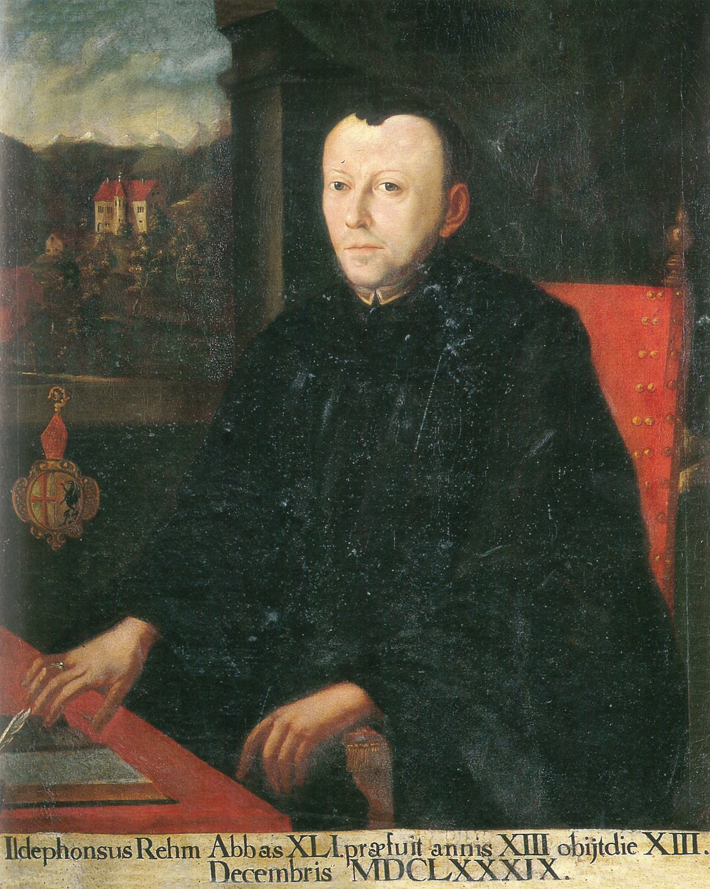 41. opat Ildephons Rem (Rehm), v pozadí pohled na hrad Eggen. od Unknown
