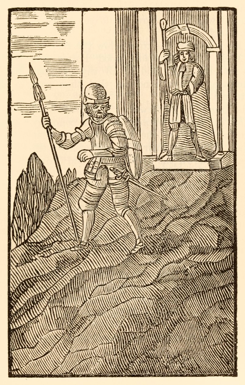 „Zatímco Christian je mezi jeho zbožnými přáteli... je rád, že má severskou ocel od hlavy až k patě.“ z „The Pilgrim