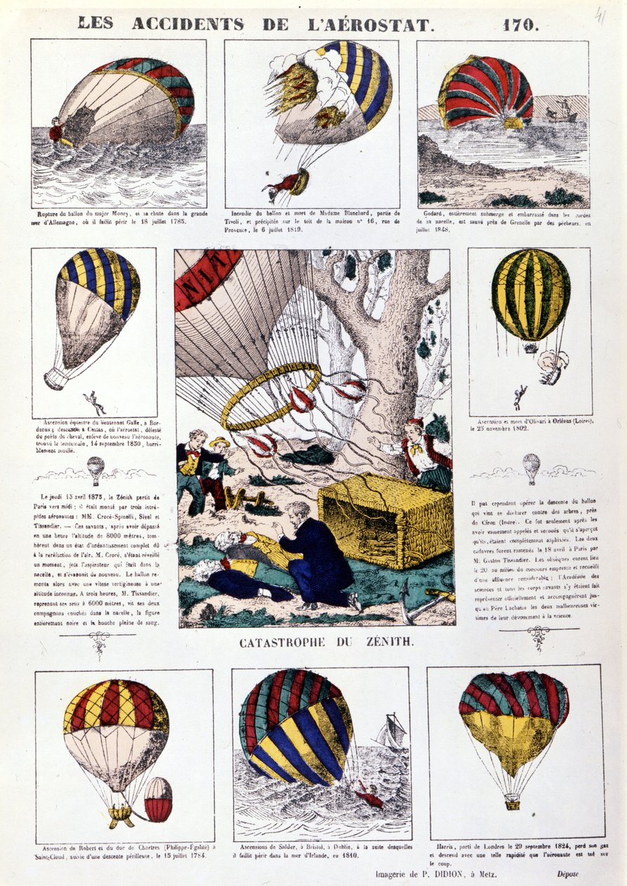 Nehody aerostatů. 19. století ilustrovaný graf. od Unknown artist