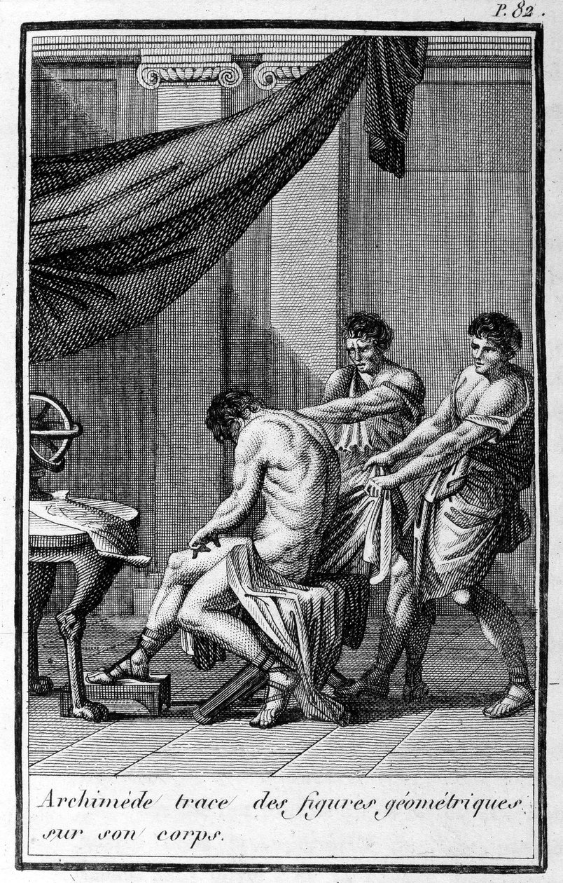 Archimedes na svém těle obkresluje geometrické obrazce. od Unknown artist