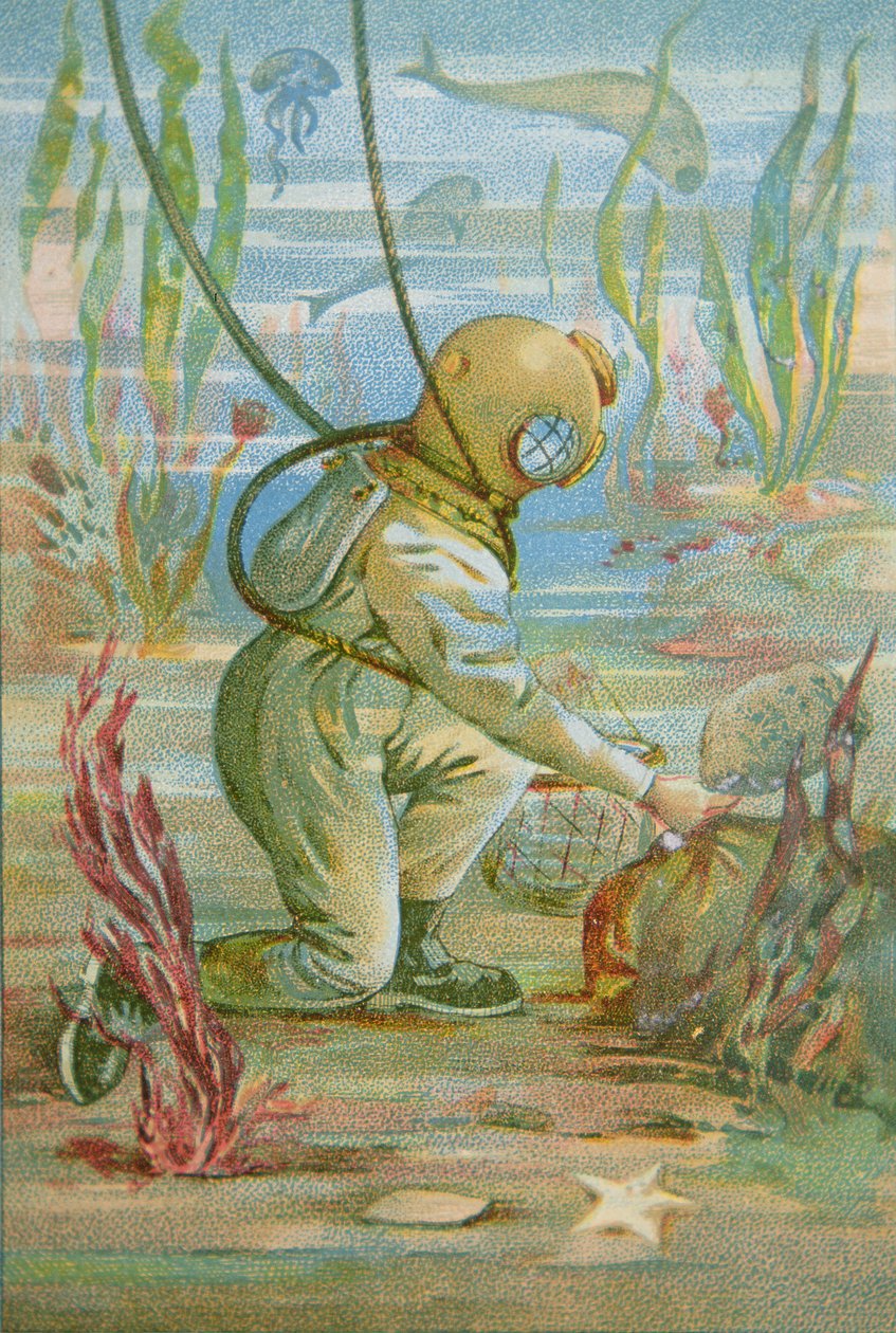 Deep Sea Diver, cca 1890 (barevné lito) od Unknown artist