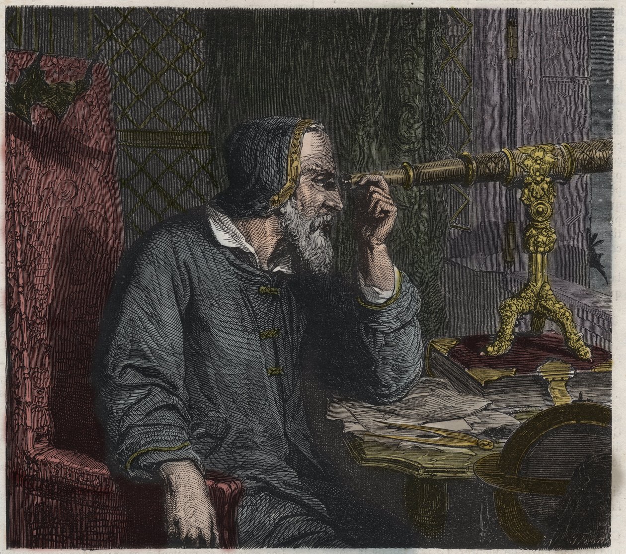 Galileo Galilei a jeho dalekohled od Unknown artist