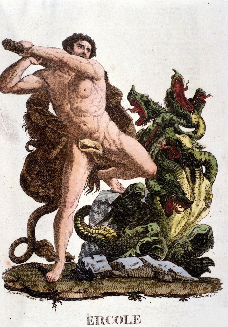 Herkules sráží Hydru z Lerny - rytina od Unknown artist