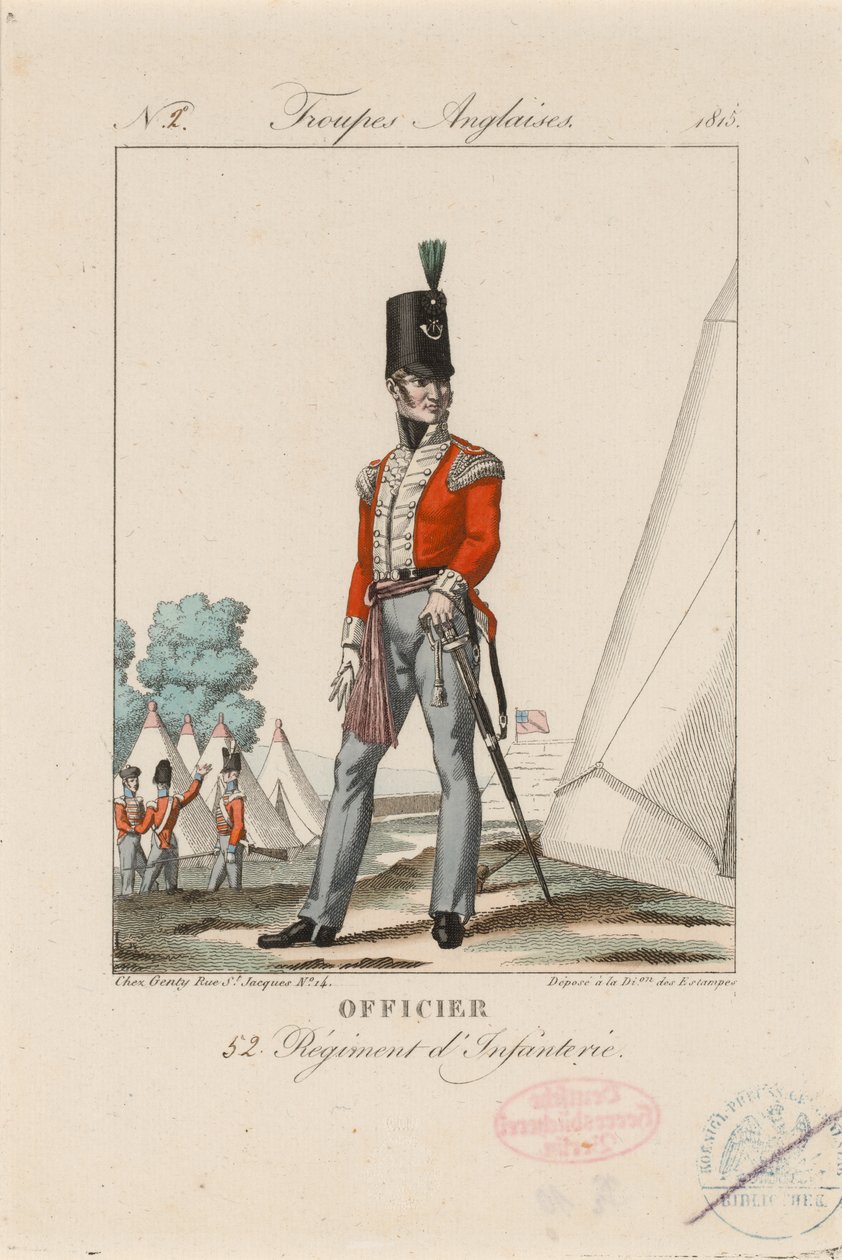 Officier 52 Regiment d’Infanterie’, kolem 1815 (barevná rytina) od Unknown artist