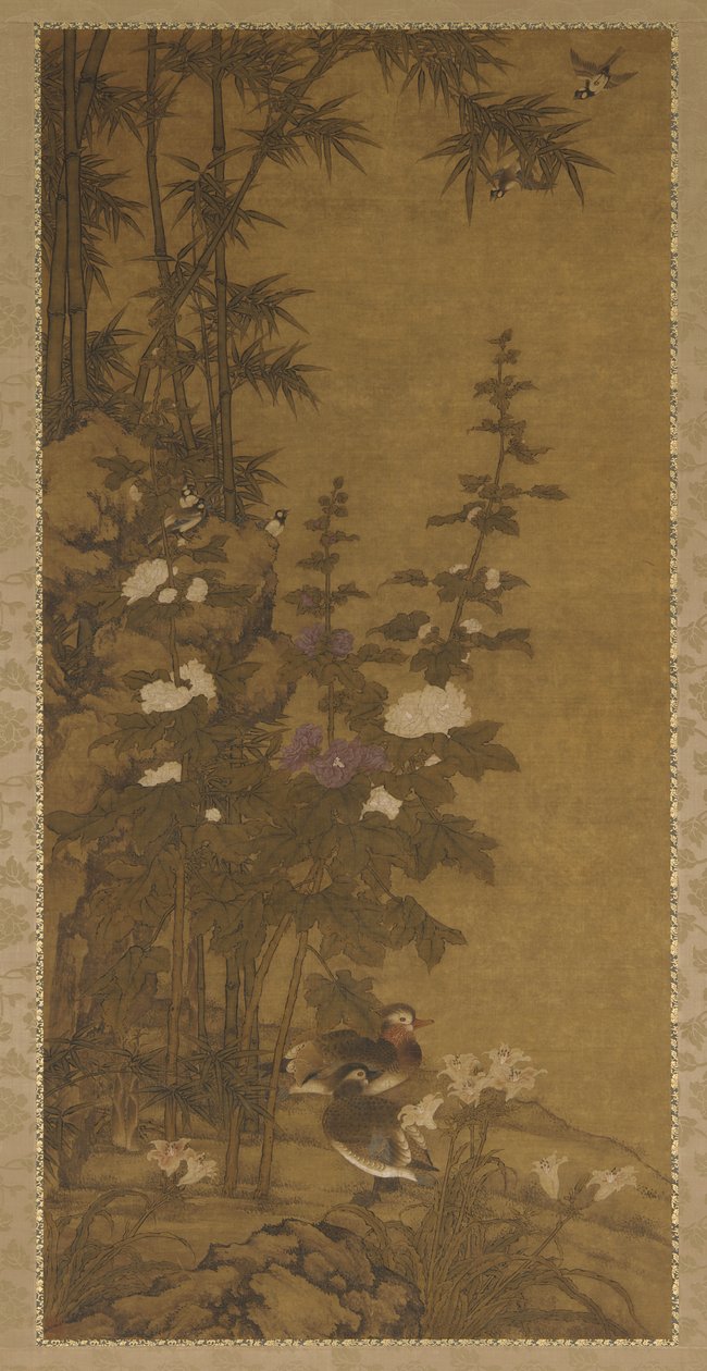 Hollyhocks a kachny od Unknown artist
