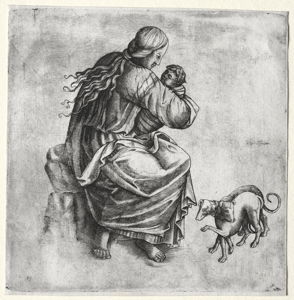 Matka a dítě se dvěma psy od Unknown artist
