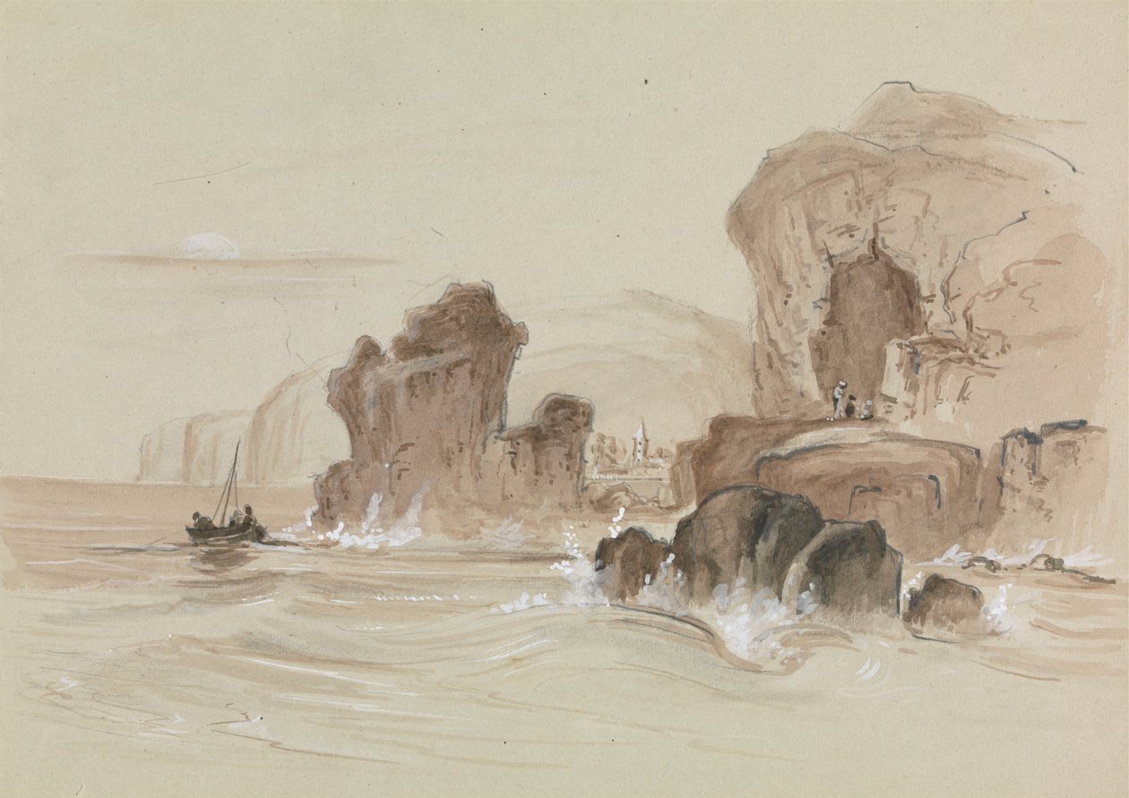 Skalnaté pobřeží s malým rybářským člunem od Unknown artist