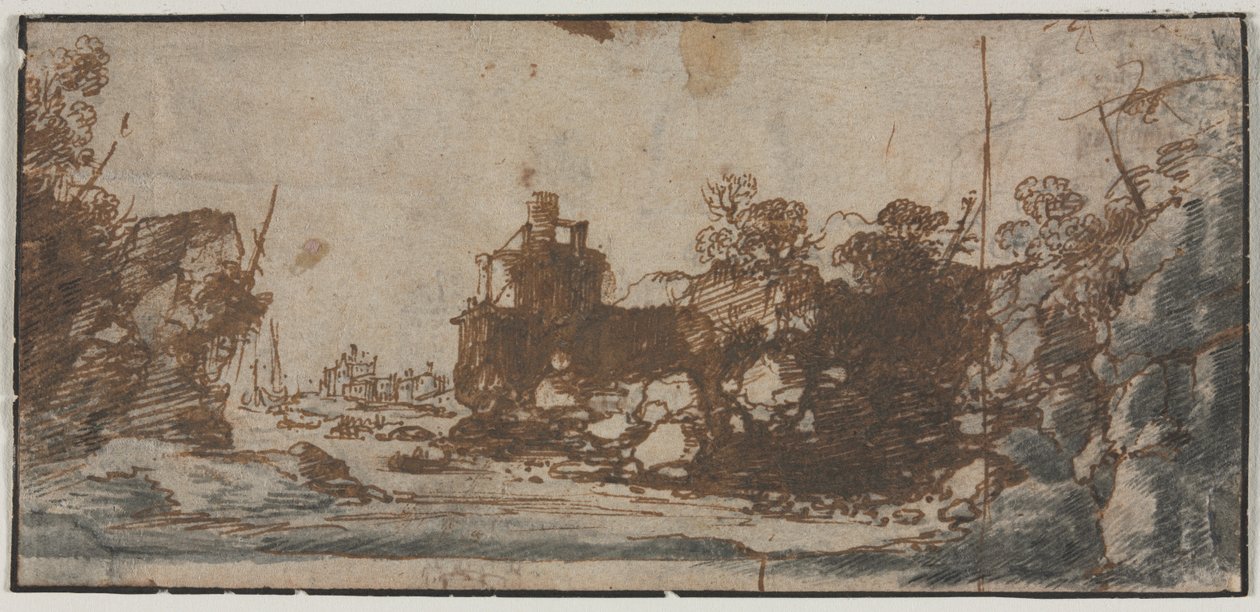 Rocky Inlet s loděmi a budovami (recto) od Unknown artist