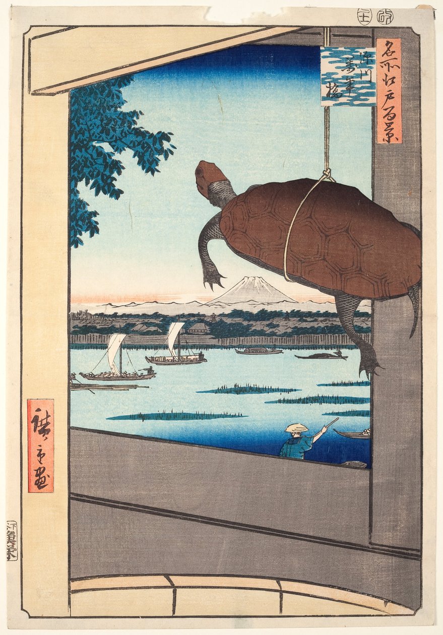 Mannen Bridge, Fukagawa, ze série Sto slavných pohledů na Eda od Utagawa Hiroshige