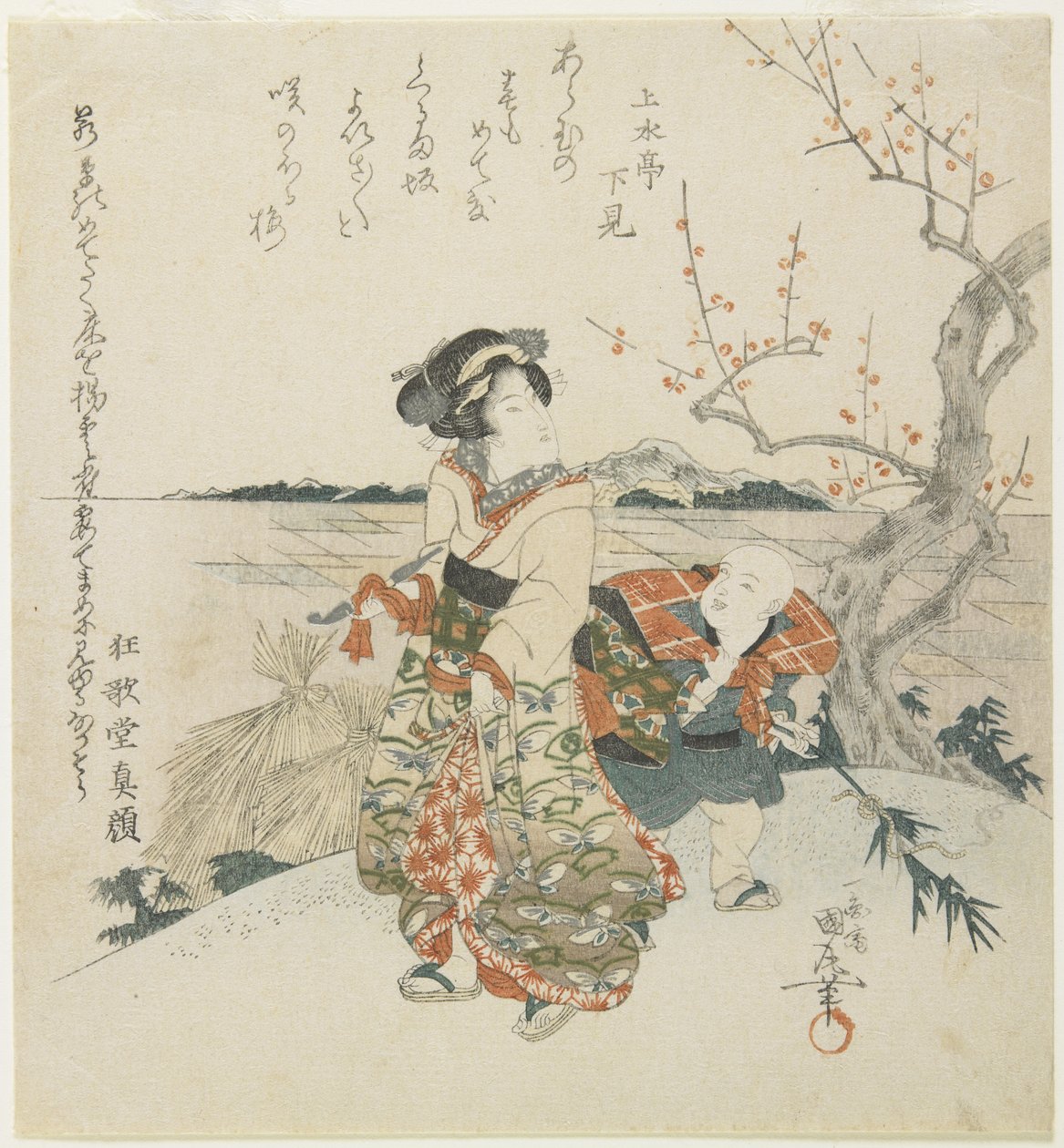 (Girl and Shopboy Viewing Plum Blossoms), počátek 19. století od Utagawa Kunimaru