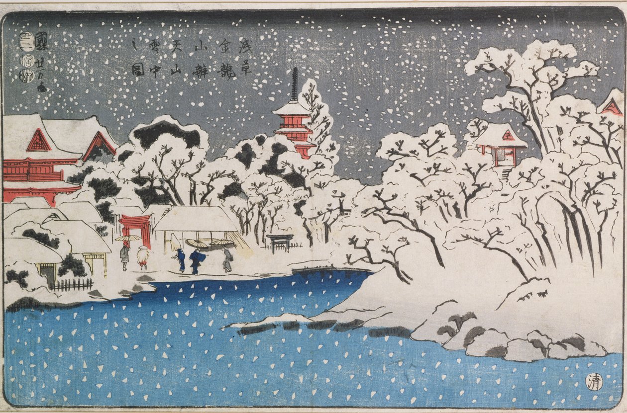Sněhová bouře v chrámu Kinryozan (barevný dřevoryt) od Utagawa Kuniyoshi