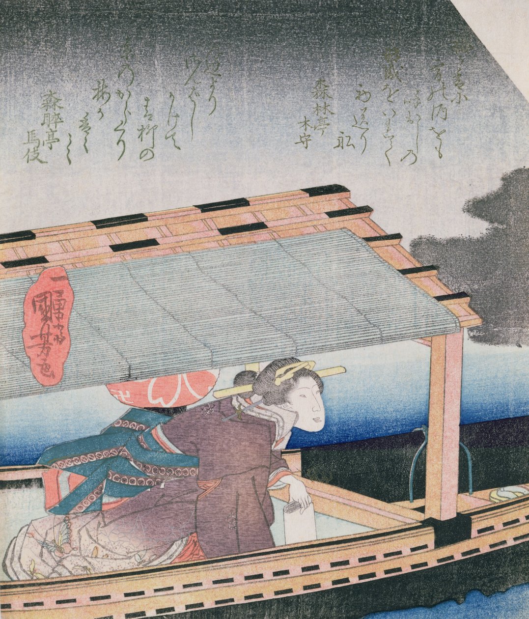 Dívka v noci ve člunu, cca 1830 (barevný dřevořez) od Utagawa Kuniyoshi
