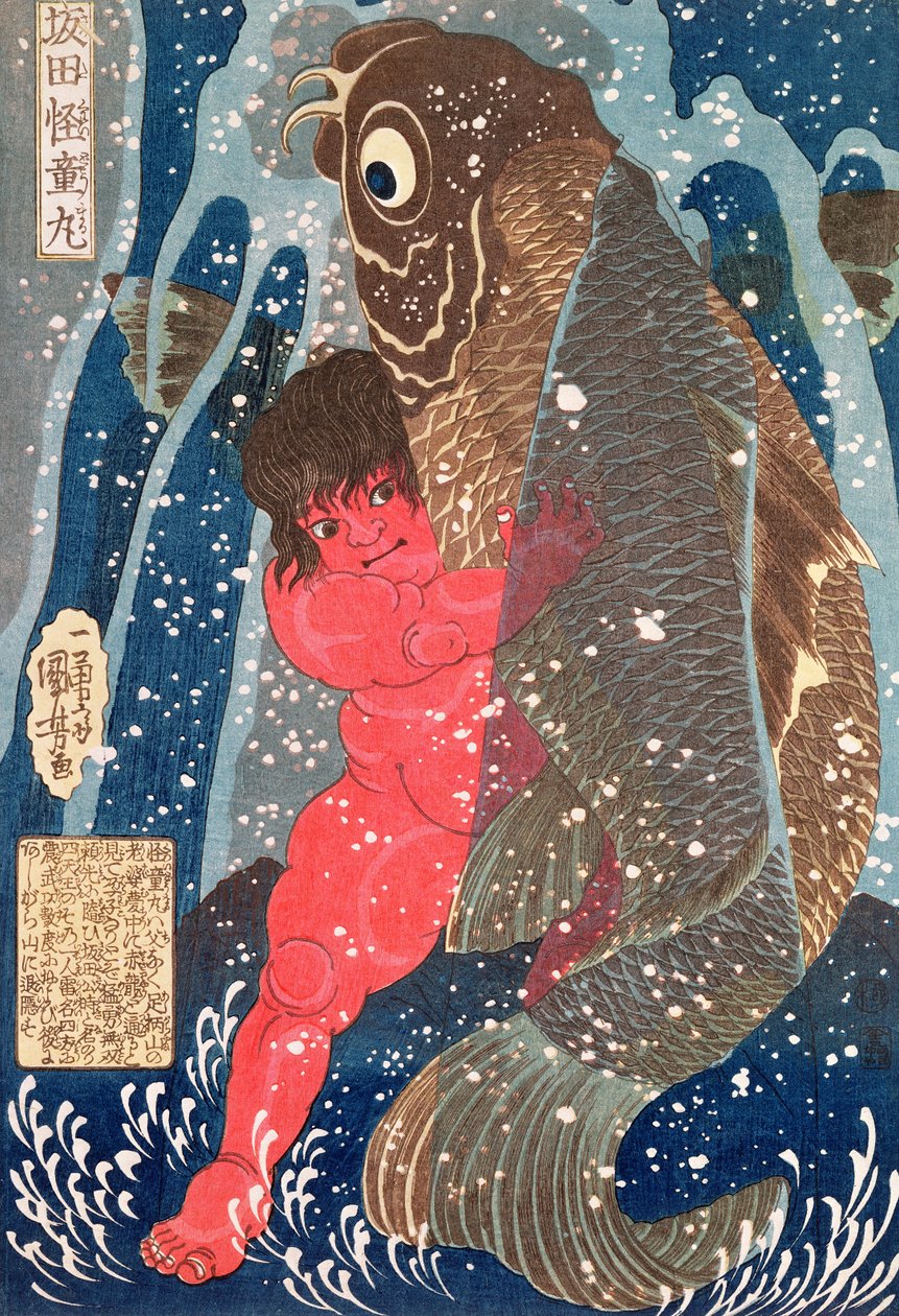 Kintoki Swims Up the Waterfall (dřevěný tisk) (viz také 100501) od Utagawa Kuniyoshi