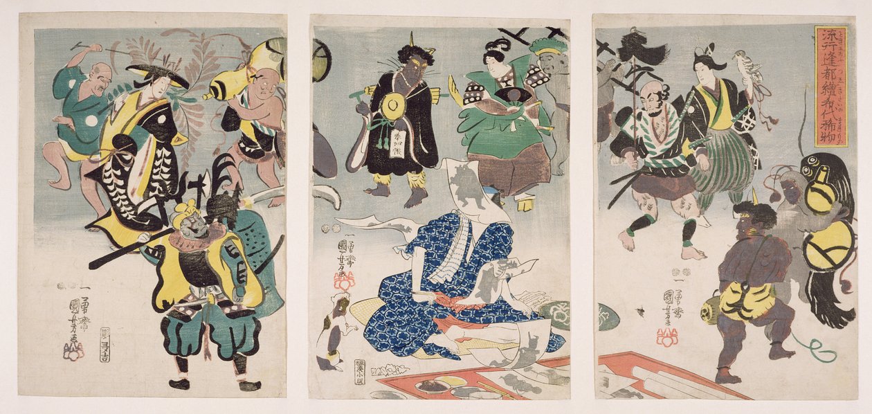 Otsu-e Paintings Coming Alive Triptych, kolem 1847-52 (dřevotisk) od Utagawa Kuniyoshi