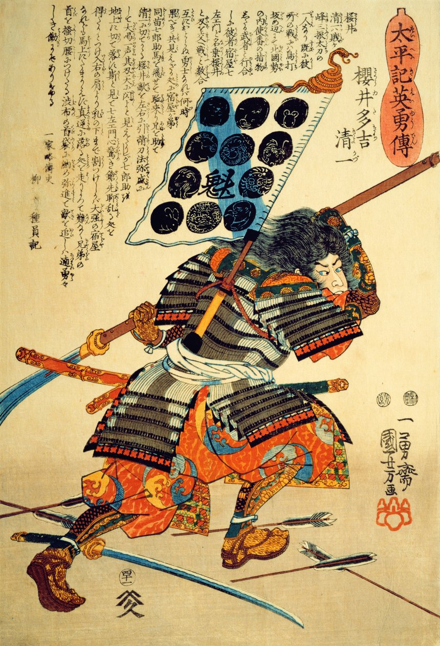 Sakuri Takiči Kijokazu při úderu Naginatou (barevný dřevoryt) od Utagawa Kuniyoshi
