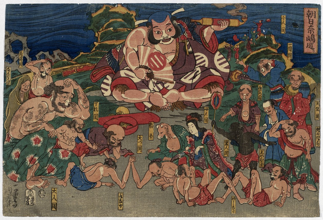 Herec Asahina Cestování po podivných zemích, 19. století (barevný dřevořez) od Utagawa Kuniyoshi