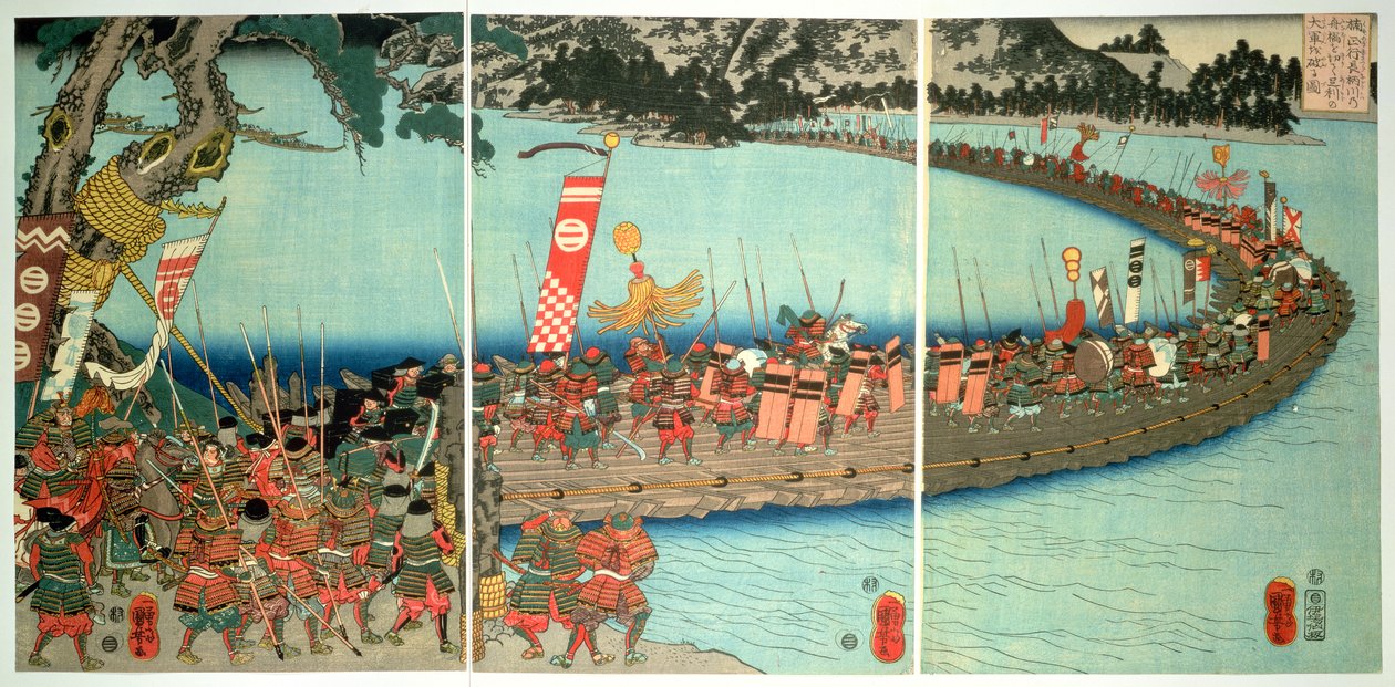 Most lodí v bitvě u Nagaragawy, kolem roku 1844, (barevný dřevotisk) od Utagawa Kuniyoshi