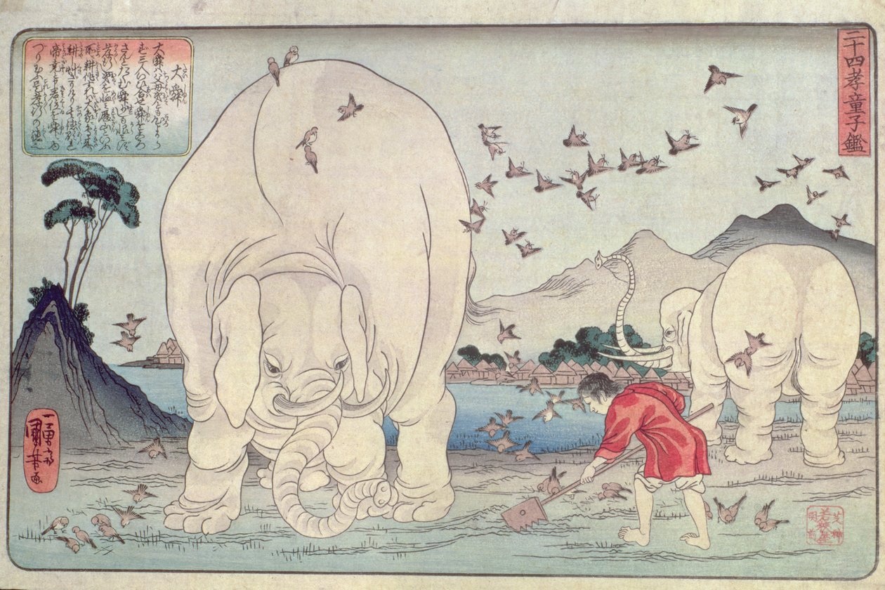 Dvacet čtyři vzorů: Tai Shun a sloni, hospoda. c.1830, (barevný dřevořez) od Utagawa Kuniyoshi
