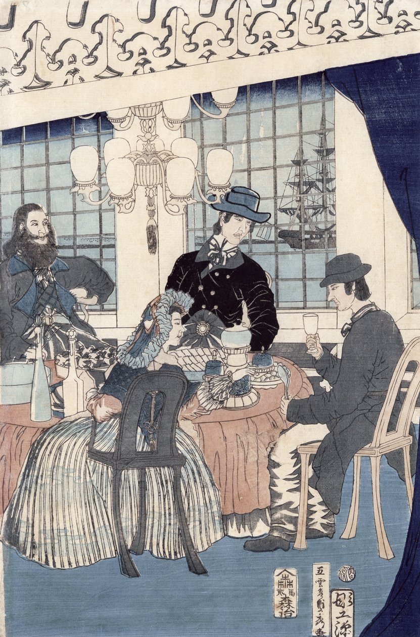 Salon domu zahraničních obchodníků v Jokohamě, 1861 (barevný dřevořez) od Utagawa Sadahide
