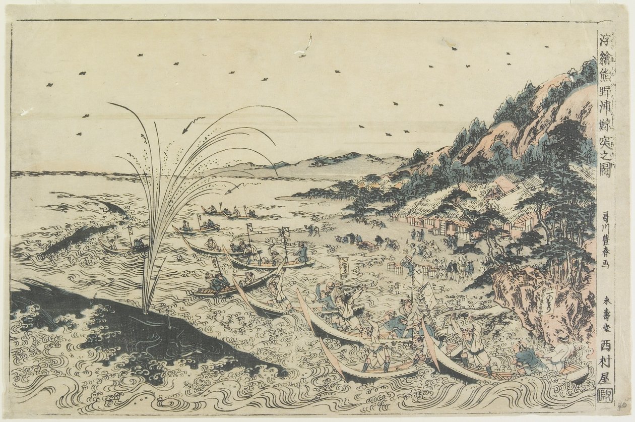 Perspective Print:Whale Catching at Kumano Sea-shoreu, pozdní 18. století od Utagawa Toyoharu