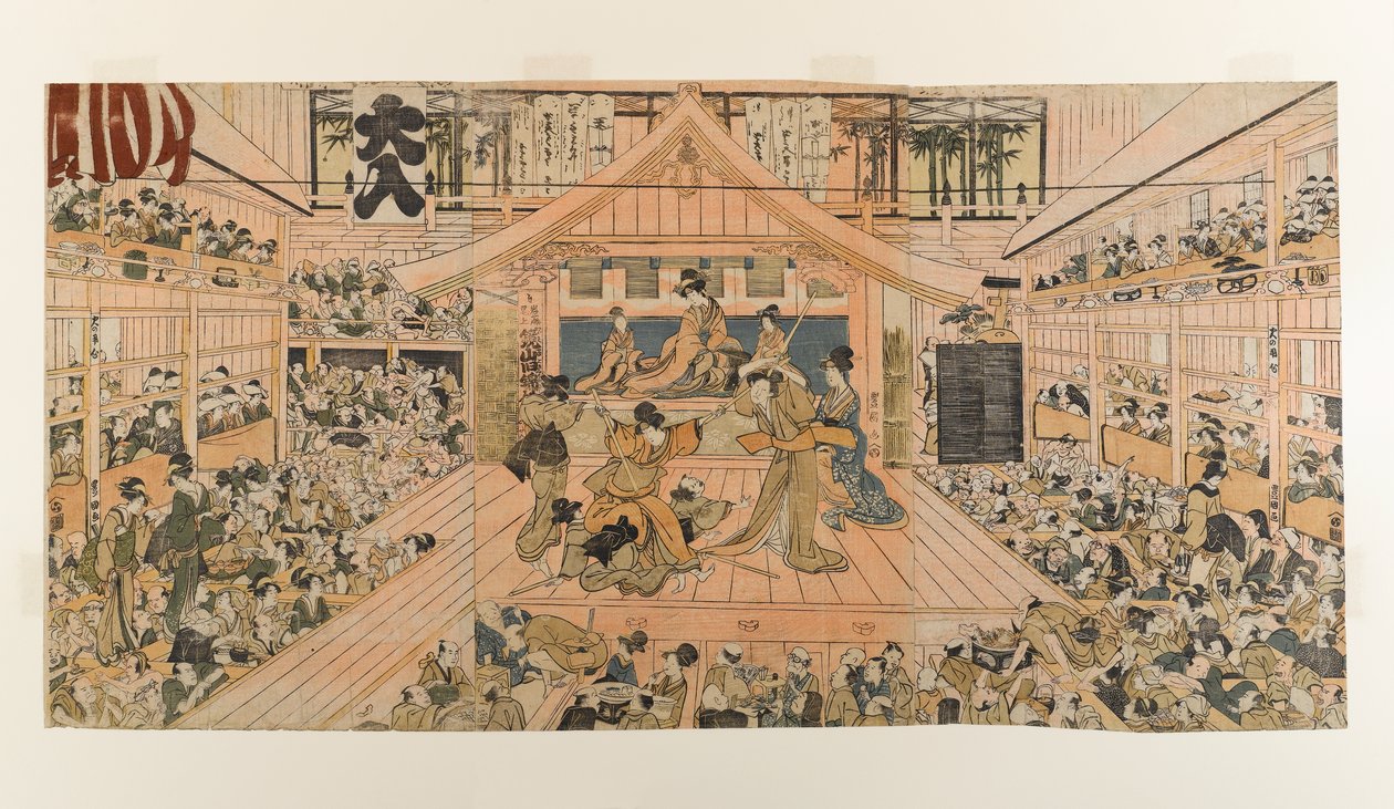 Vnitřní pohled na divadlo Kabuki Kawarazaki-za, kolem 1800-1803 (barevný tisk ze dřeva) od Utagawa Toyokuni