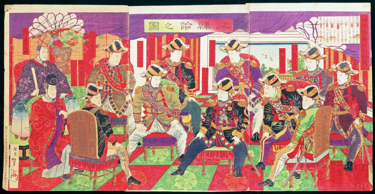 Přední členové vlády Meidži diskutují o invazi do Koreje v roce 1877 (triptychový panel, barevný dřevotisk) od Utagawa Yoshitaki