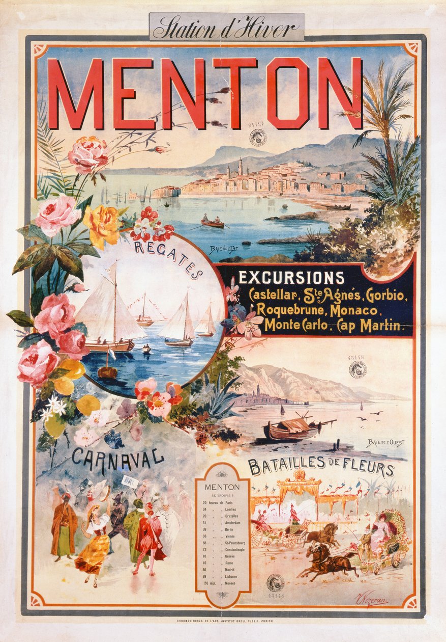 Plakát propagující Menton jako zimní středisko (chromolit) od V. Nozeran