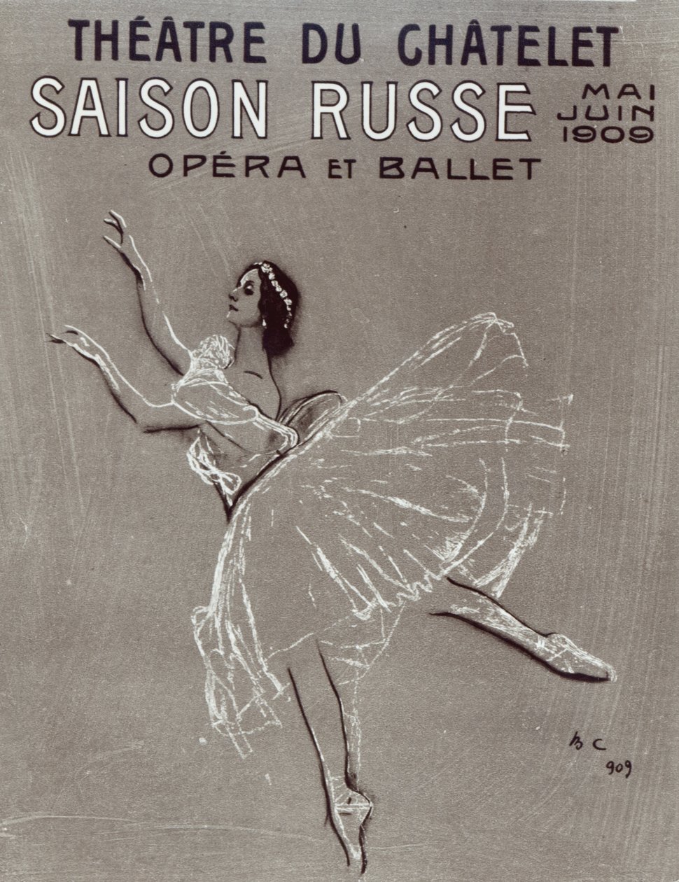 Plakát k „Saison Russe“ v Theater du Chatelet, 1909 (uhl a křída na papíře) od Valentin Aleksandrovich Serov
