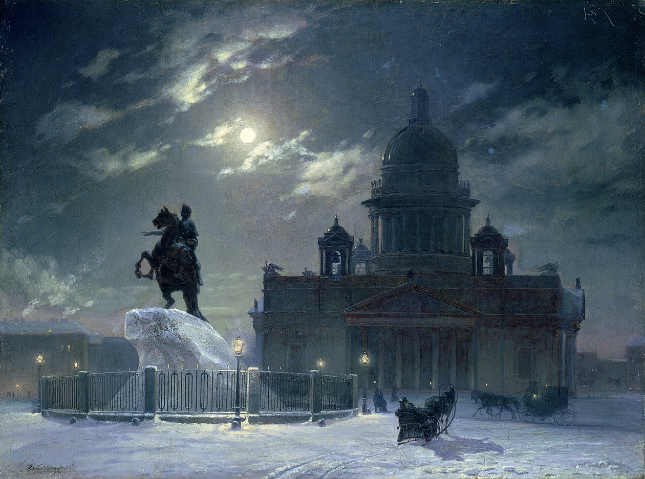 Pohled na pomník Petra Velikého na Senátním náměstí v Petrohradě, 1870 od Vasilij Ivanovic Surikov