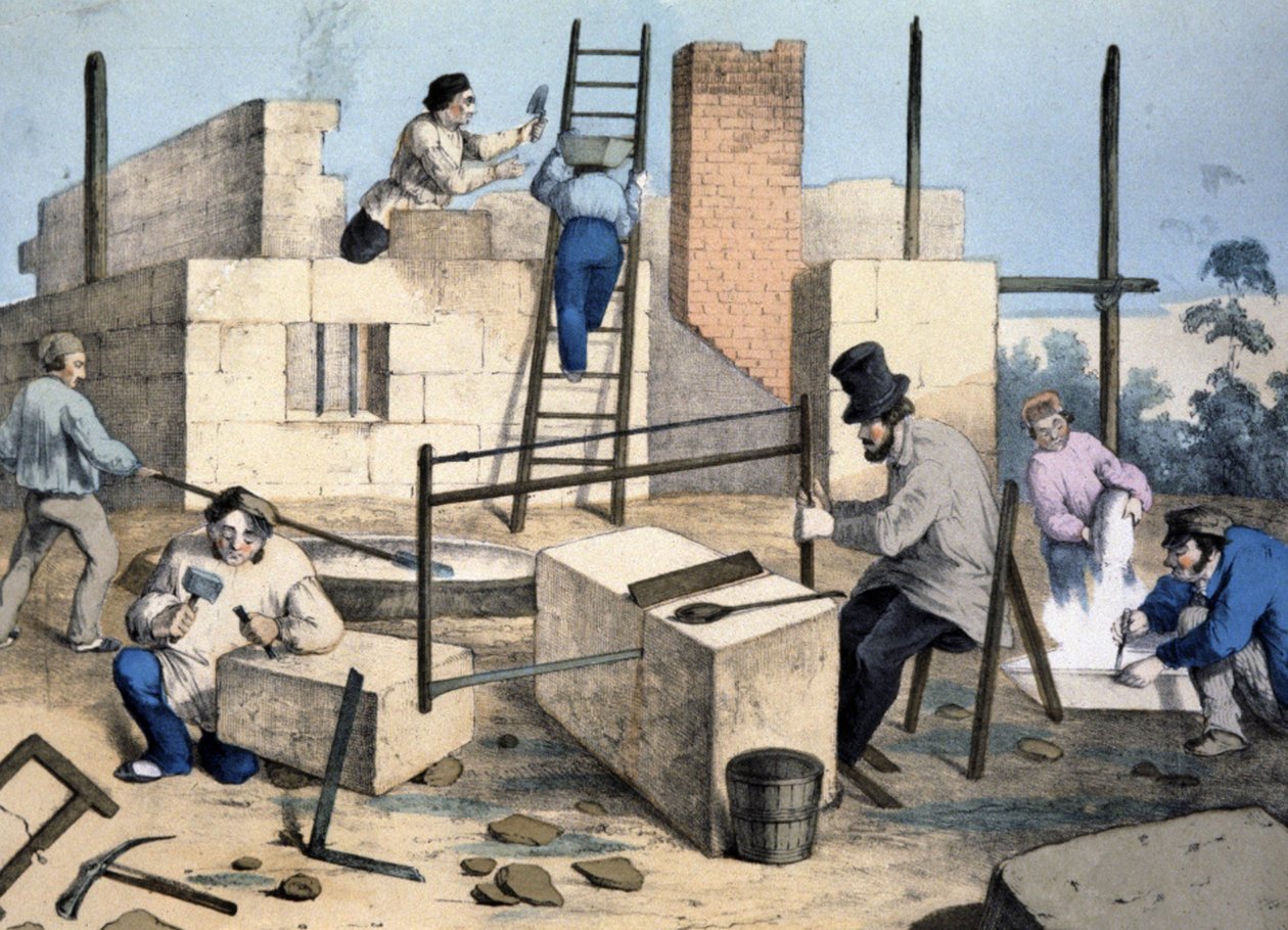 Stavba domu, asi 1860 (litografie) od Victor Janson