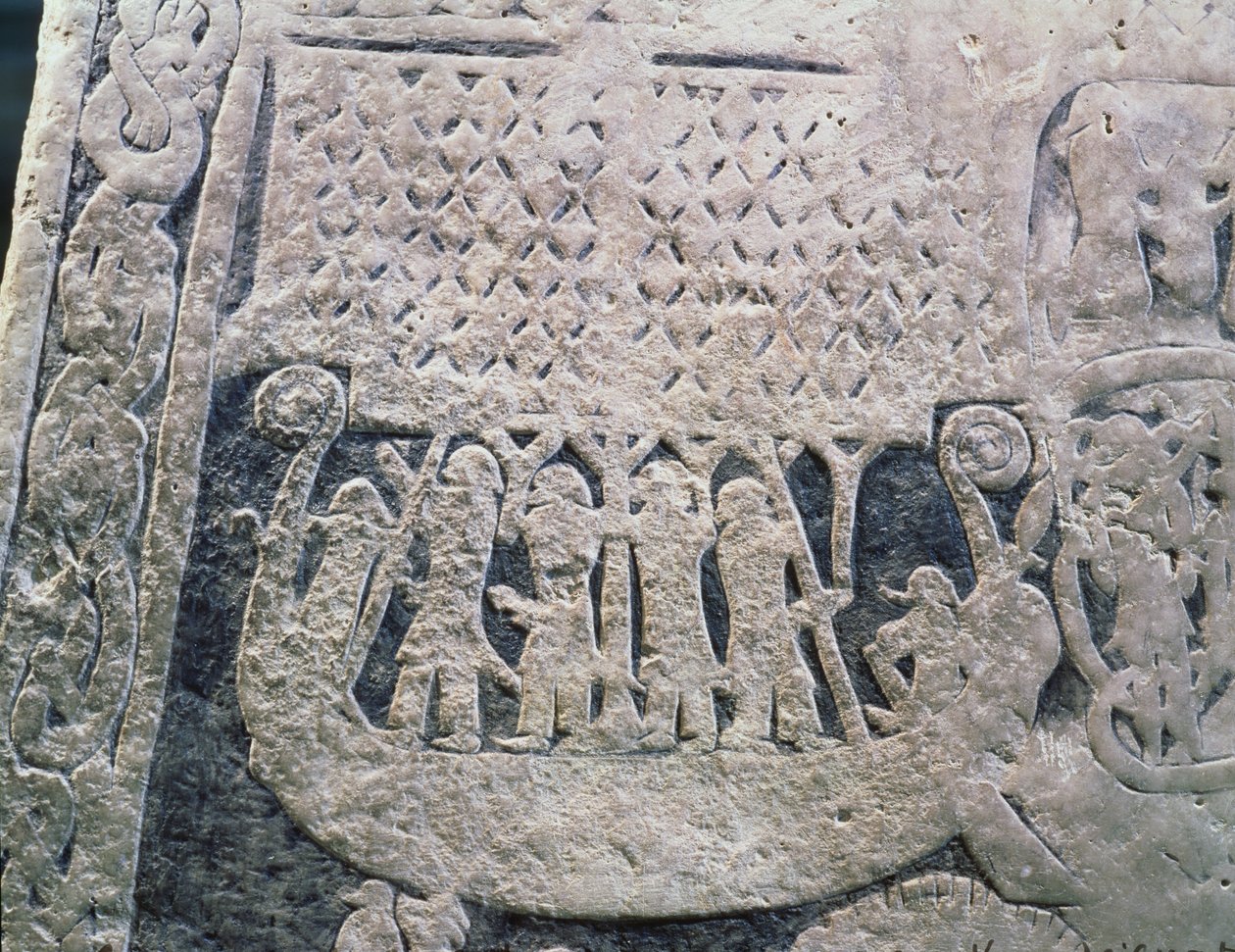 Detail obrazového kamene znázorňujícího poslední plavbu zesnulého z kamene Isle of Gotland od Viking