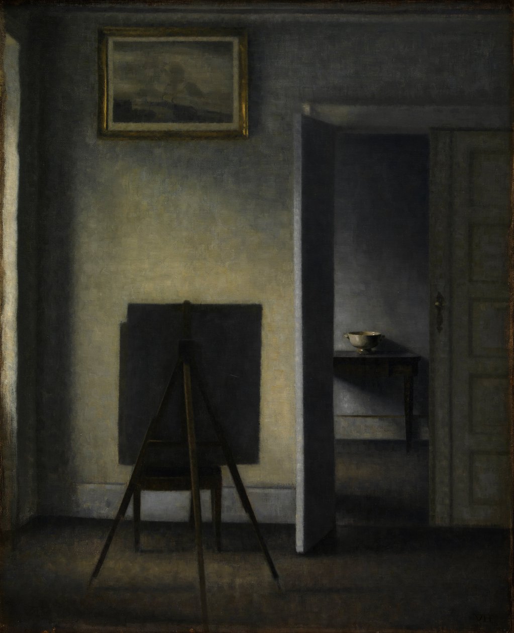 Interiér s uměleckým stojanem od Vilhelm Hammershøi
