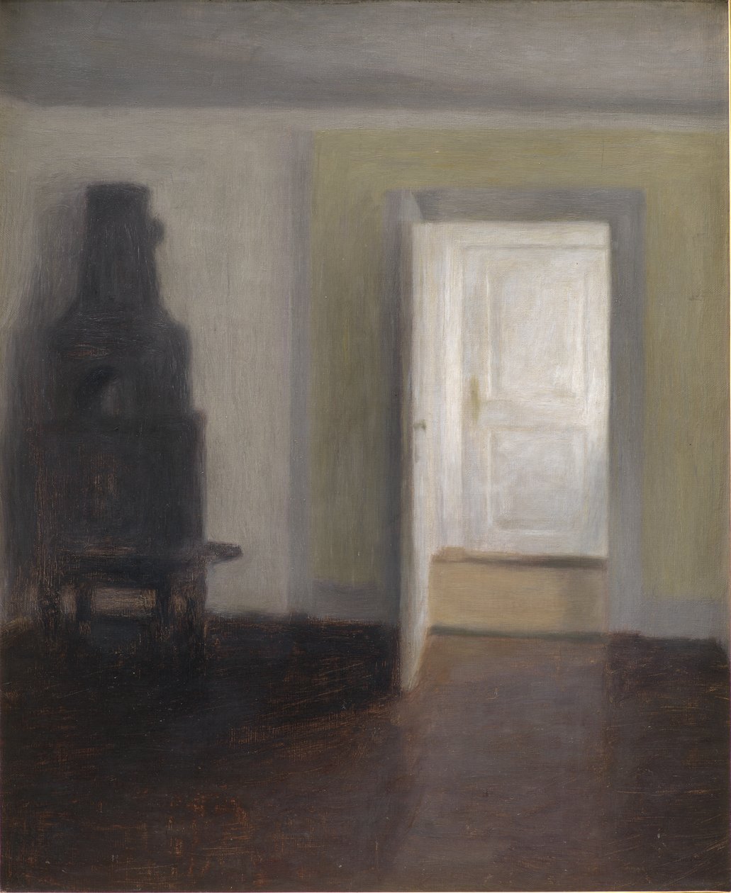 Interiér se starými kamny od Vilhelm Hammershoi