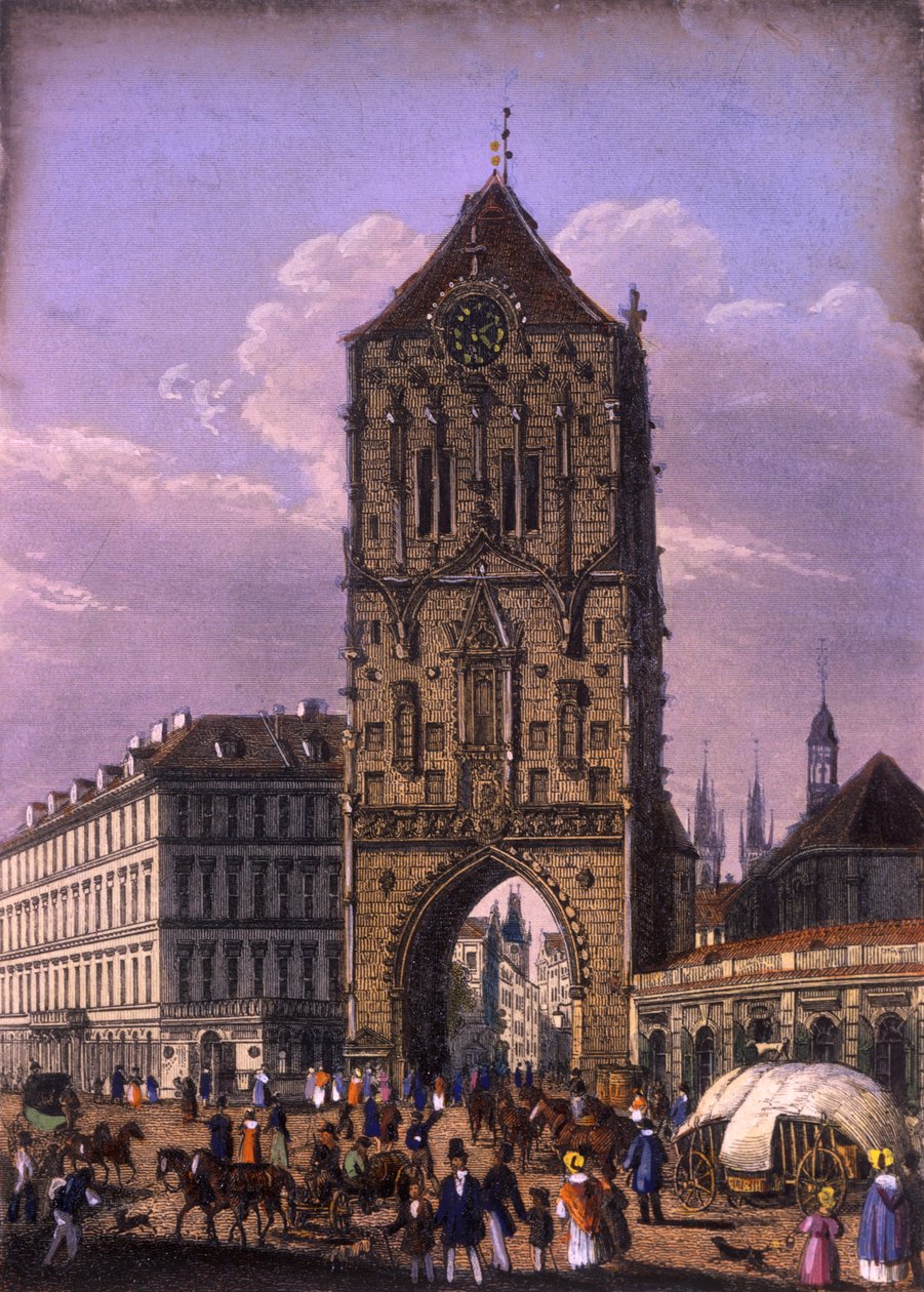 Prašná brána, Praha, kolem 1840 (barevná ocelorytina) od Vincenc Morstadt