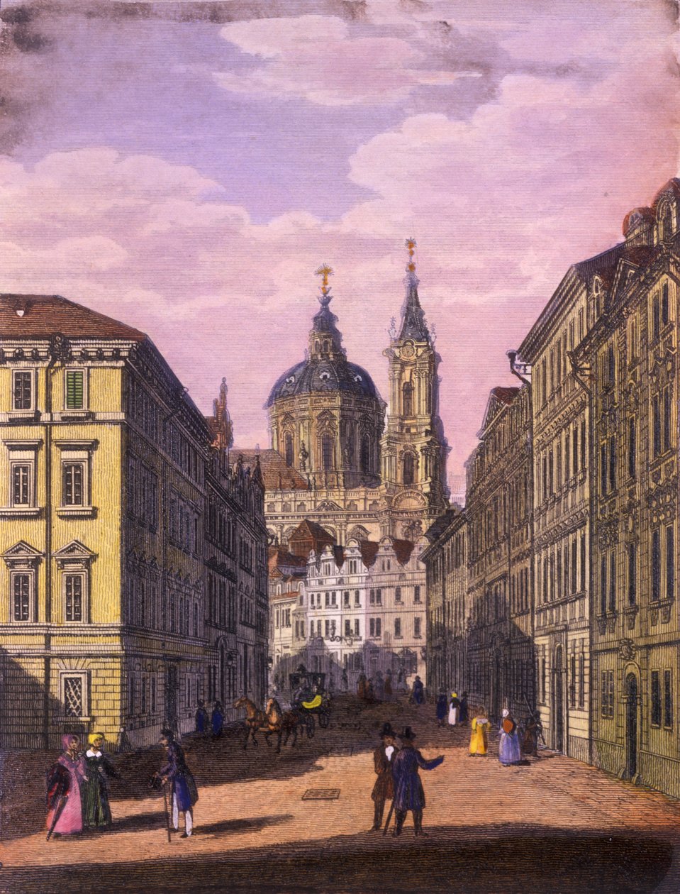 Kostel svatého Mikuláše na Malé Straně, Praha, 1847 (kolorovaná ocelorytina) od Vincenc and Geissler, F. Morstadt