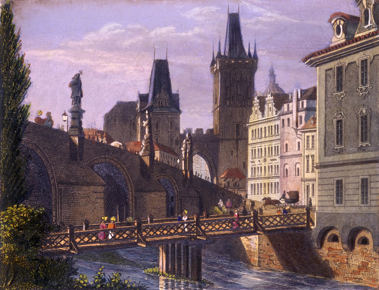Little Quarter Bridge Towers, 1847 (barevná ocelorytina) od Vincenc Morstadt