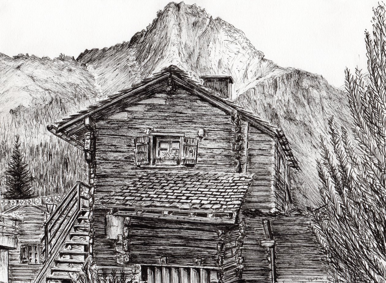 Pohled z B&B Zinal Švýcarsko, 2011, (inkoust na papíře) od Vincent Alexander Booth
