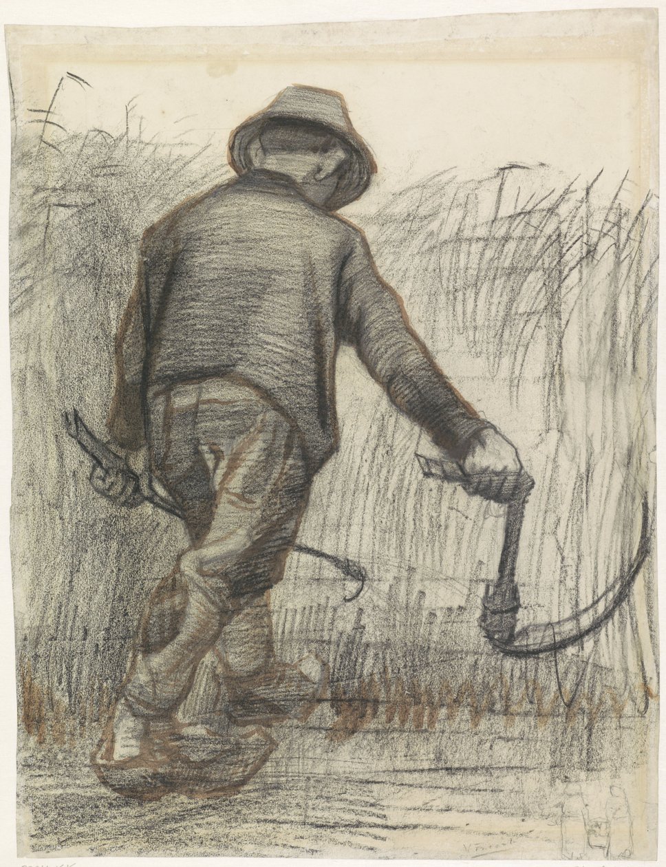 Řezačka s kloboukem, pohled zezadu, cca 1865-90 (křída na papíře) od Vincent van Gogh