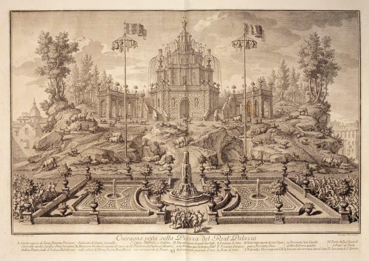 Cuccagna, z Narrazione delle Solemni Reali Feste, rytý Giuseppe Vasi (1710-82), vydáno 1749 od Vincenzo dal Re