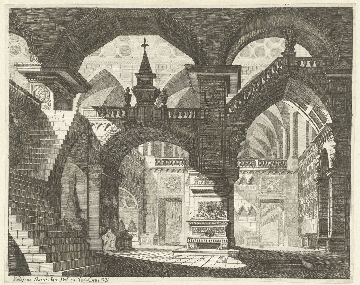 Kerkinterieur Caprici divadelních scén (název série) od Vincenzo Mazzi