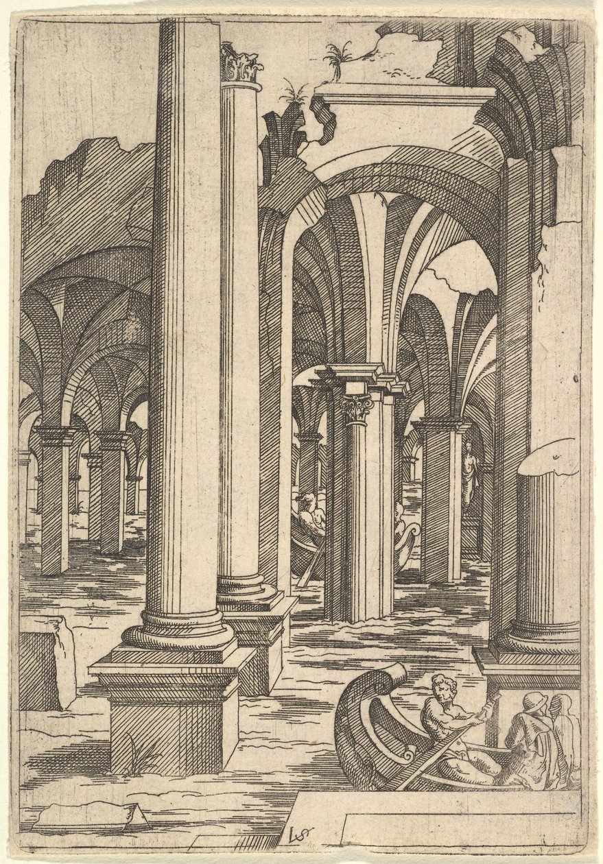Lodě vesly skrz zaplavené ruiny, ca. 1550-62. od Virgil Solis