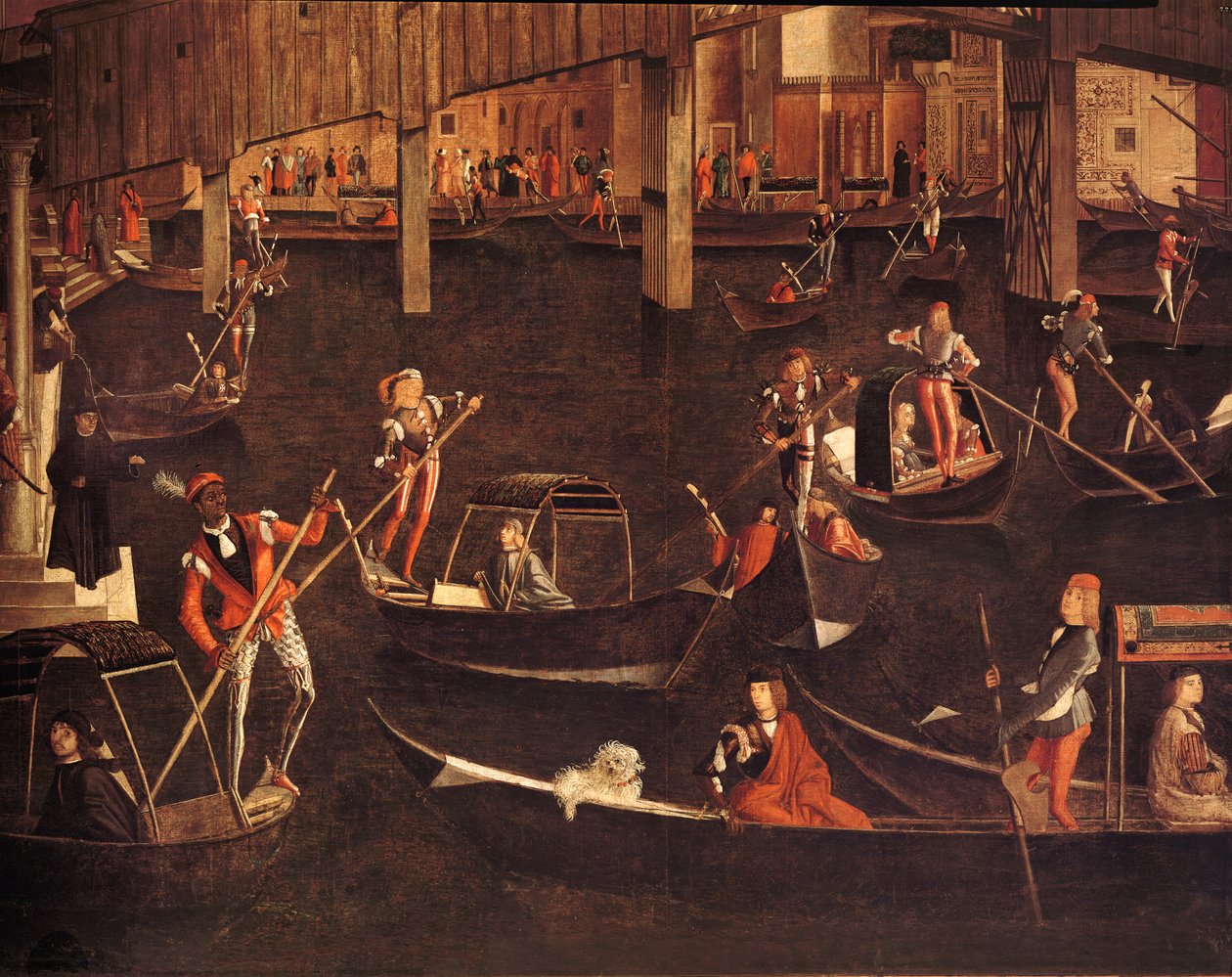 Gondoliéři na Grand Canal, detail z The Miracle of the Relic of the True Cross na mostě Rialto, 1494 detail olej na plátně z roku 119437 od Vittore Carpaccio