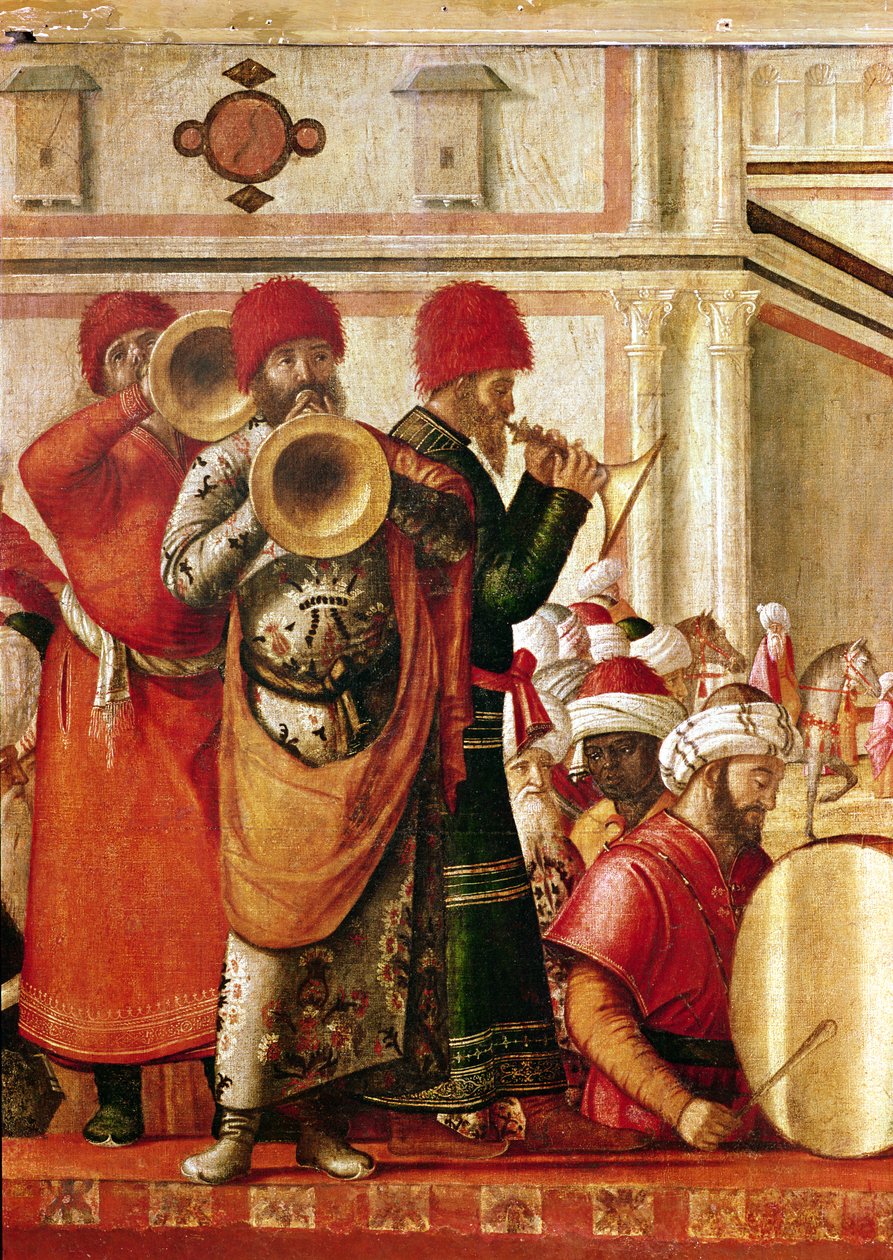 St. George Baptising the Gentiles, detail hudebníků na levé straně, 1501-07 od Vittore Carpaccio