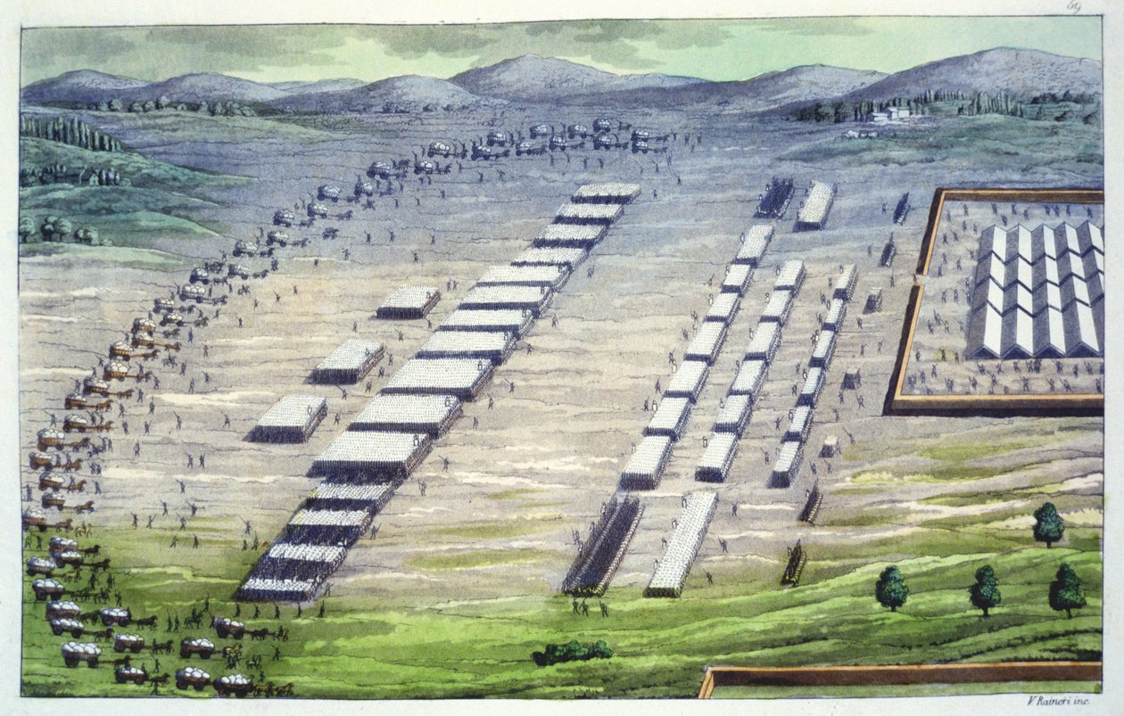 Římský tábor v keltské Germánii, jak jej popsal Tacitus, z „Le Costume Ancien et Moderne“ od Julese Ferraria, vydaného kolem 20.–30. let 19. století od Vittorio Raineri