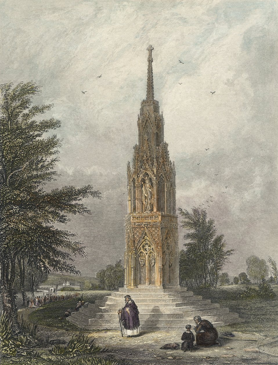 Waltham Cross, c.1820 (ručně kolorovaná rytina) od W.B Clarke