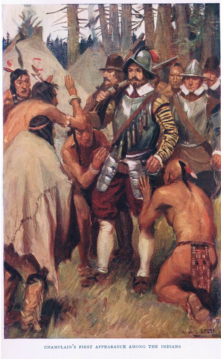 Champlainovo první vystoupení mezi indiány, ilustrace z knihy "The Romance of Canada". od W.R.S. Stott
