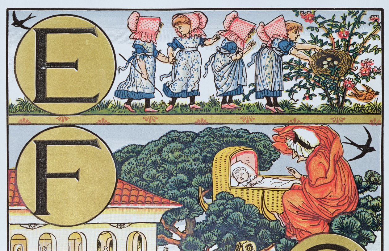 E-F, z abecedy založené na říkankách (barevné rytí) od Walter Crane