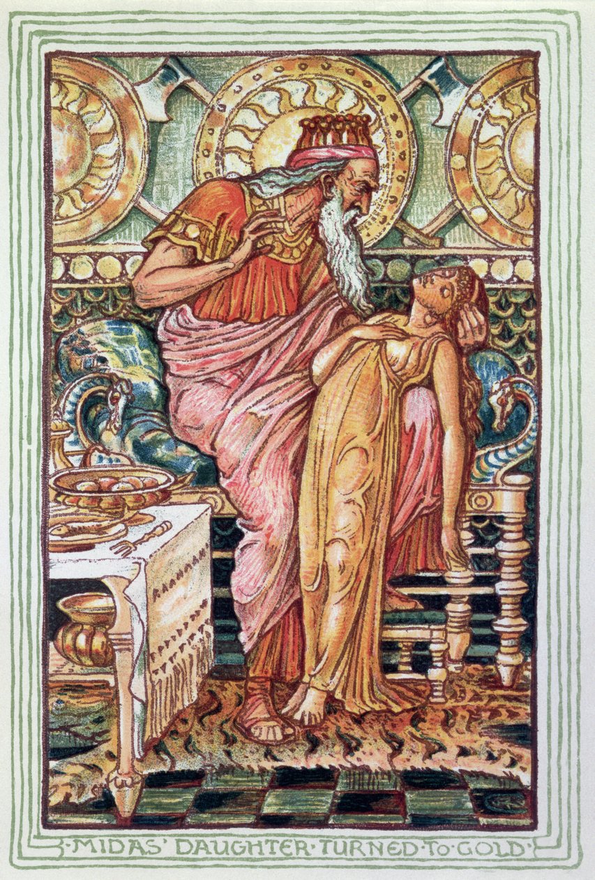 King Midas and his Daughter Turned to Gold, ilustrace z The Greek Mythological Legend , vydané v Londýně v roce 1910 od Walter Crane