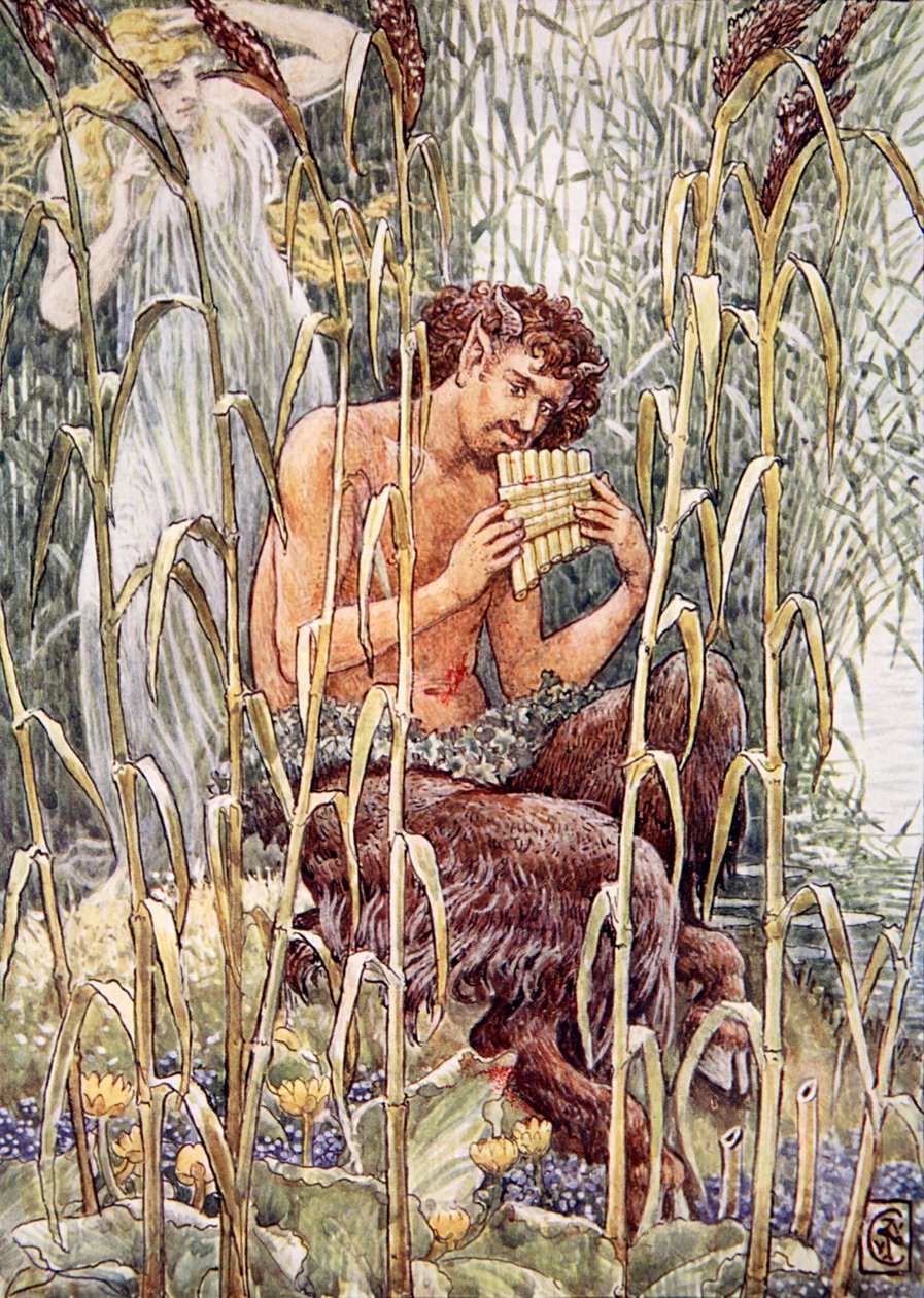 Sladká, pronikavě sladká byla hudba Panovy dýmky, ilustrace z „Příběhu Řecka“ od Mary Macgregor, 1. vydání, 1913 (barevný tisk) od Walter Crane